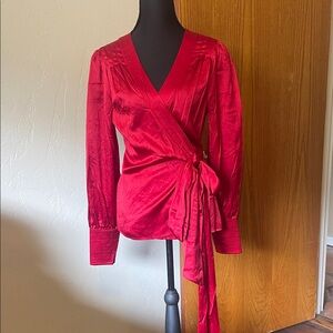 Arden B Red Satin Wrap Blouse with Side Tie